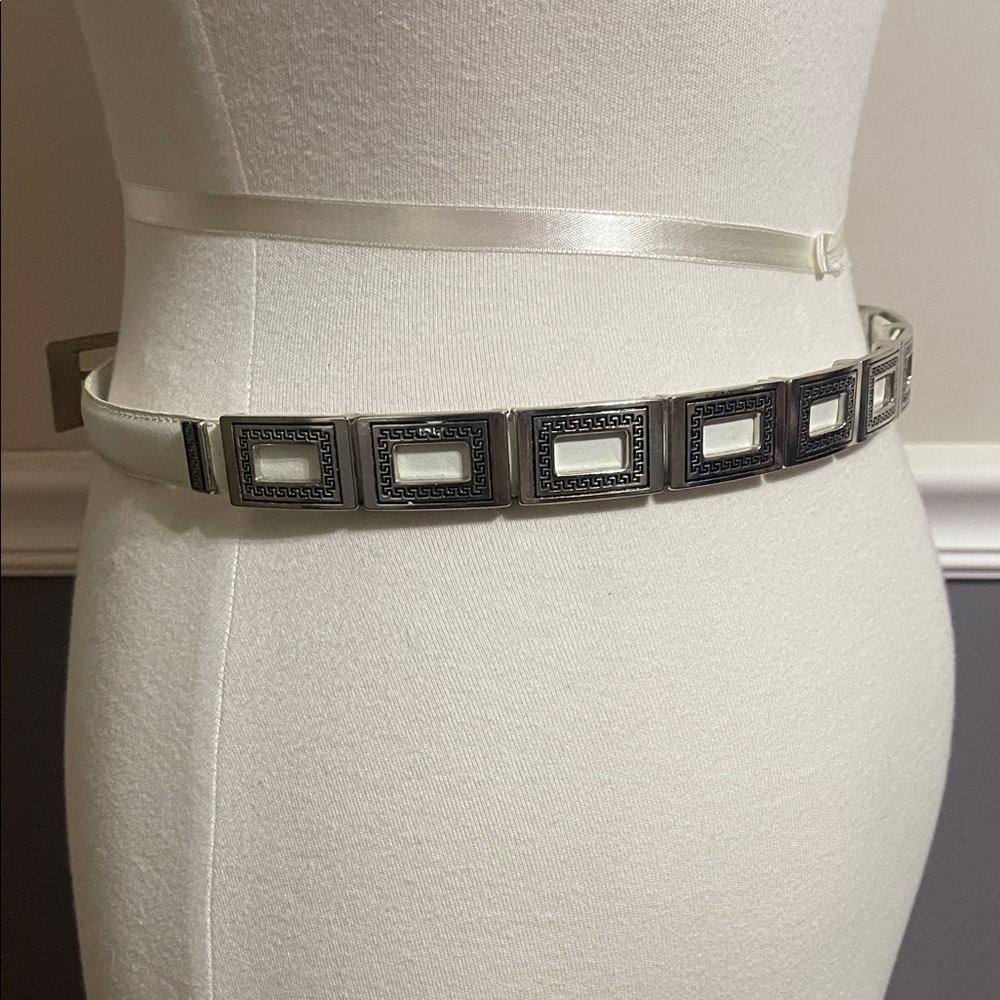 Genuine White Leather Belt With Silver Geometric Tile Charms